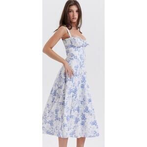 House of CB Carmen Blue White Floral Corset Back Midi Dress L 8/10